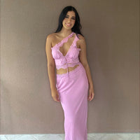Hire House of CB Set Lorena Pink Floaty Cropped Top and Mathilda Pink Lace Trim Maxi Skirt