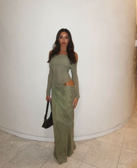 Hire BENNI Yasmin Off Shoulder Maxi Dress in Pistachio Green