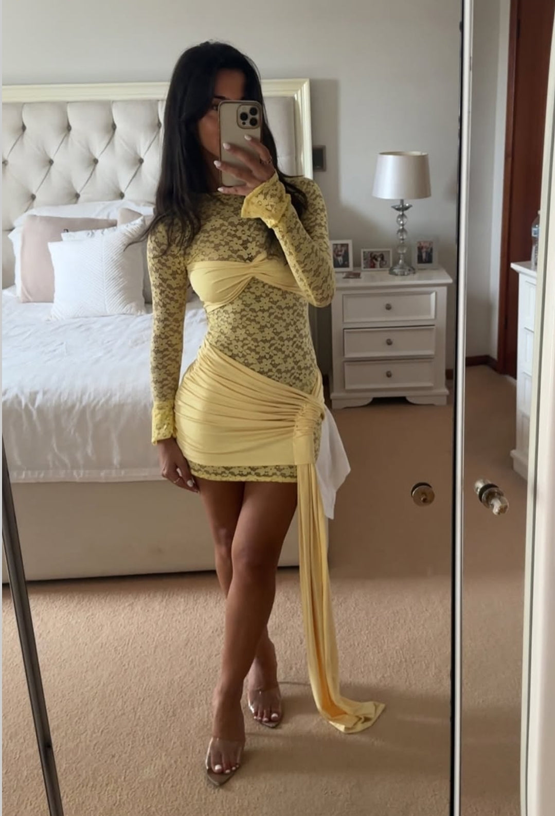 Hire DECONDUARTE Ortigia Lace Mini Dress in Baby Yellow