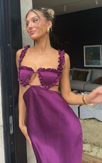 Hire THE ATTICO Amber Ruffled Cutout Duchesse Satin Midi Dress in Plum