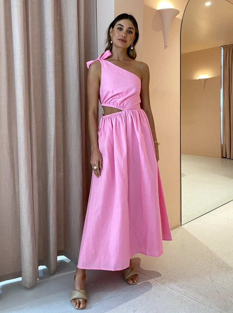 Hire BY NICOLA Gabriella One Shoulder Midi Dress In Pink Grapefruit