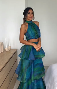 Hire Yaura Faari Set Maxi Skirt and Crop Top in Aquarelle Blue Print