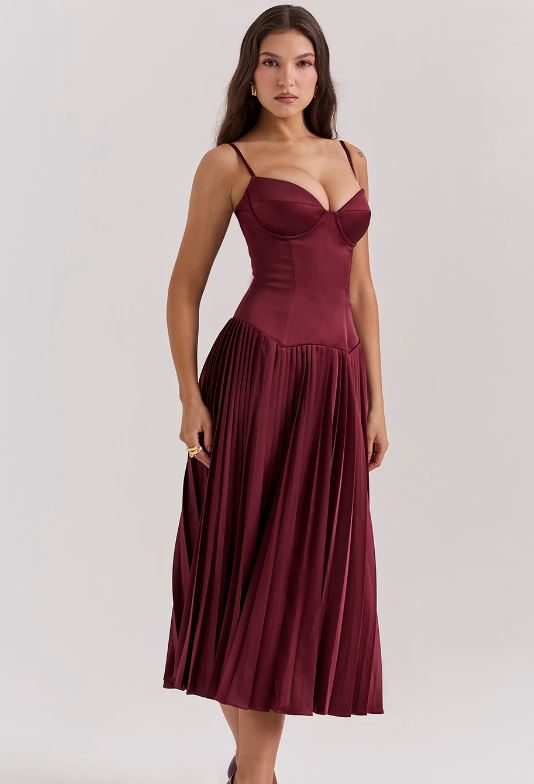 Hire HOUSE OF CB Beau Wine Satin Pleated Midi Dress in Red Wine