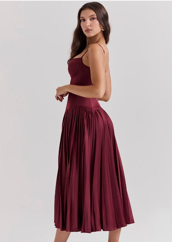 Hire HOUSE OF CB Beau Wine Satin Pleated Midi Dress in Red Wine TheOnlyDress Hire