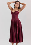 Hire HOUSE OF CB Beau Wine Satin Pleated Midi Dress in Red Wine