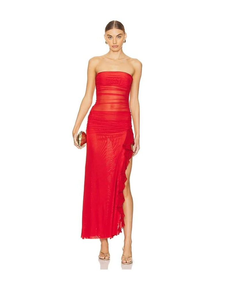 Hire BEC + BRIDGE Celyse Strapless Dress in Rouge Red