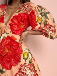 Hire BY NICOLA Bolero Gathered Neckline Mini Dress in Raspberry Punch Floral