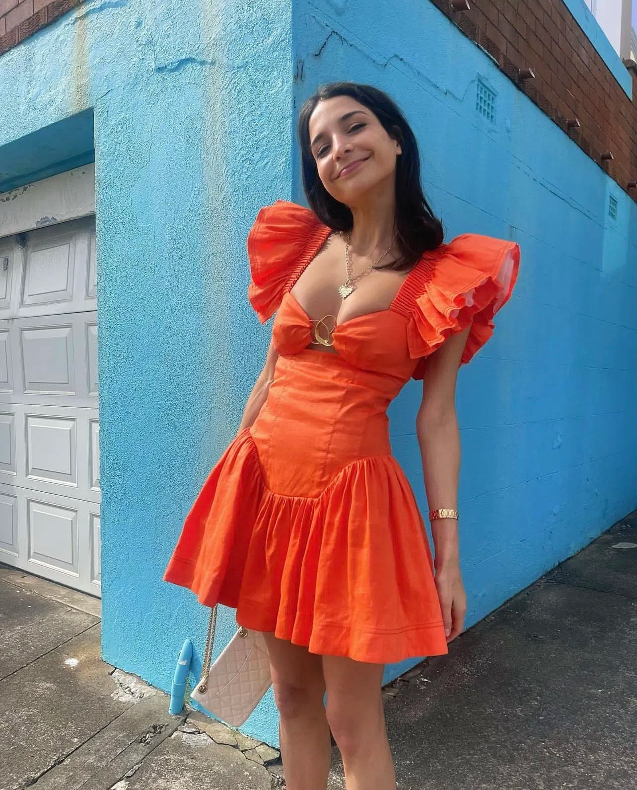 Hire AJE Simone Frill Sleeve Mini Dress in Orange
