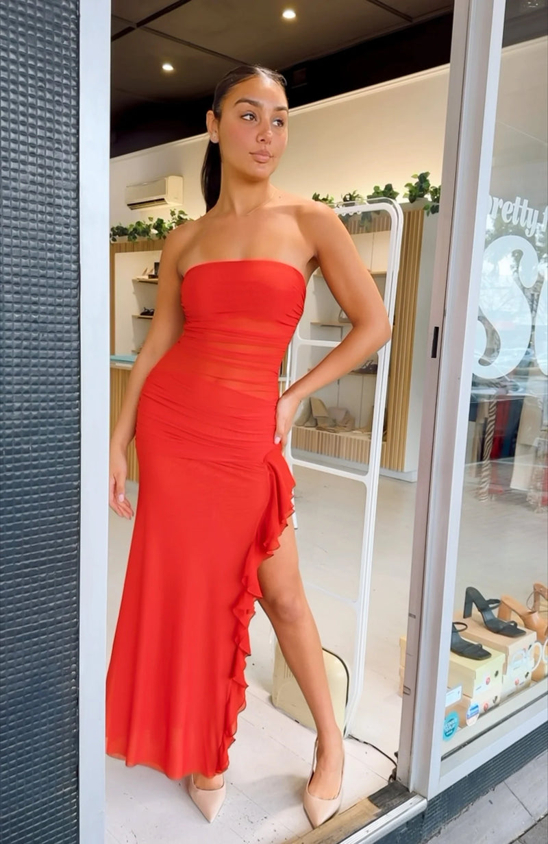 Hire BEC + BRIDGE Celyse Strapless Dress in Rouge Red