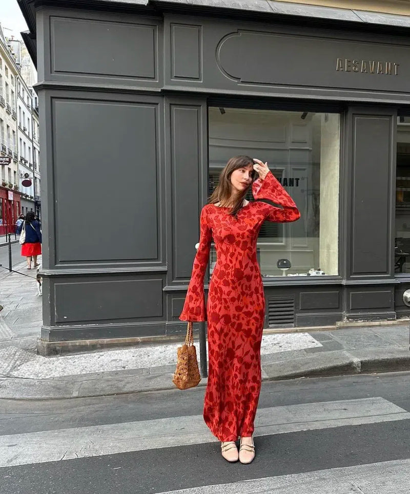 Hire REALISATION PAR The Gia Long Sleeve Maxi Dress in Havana Red