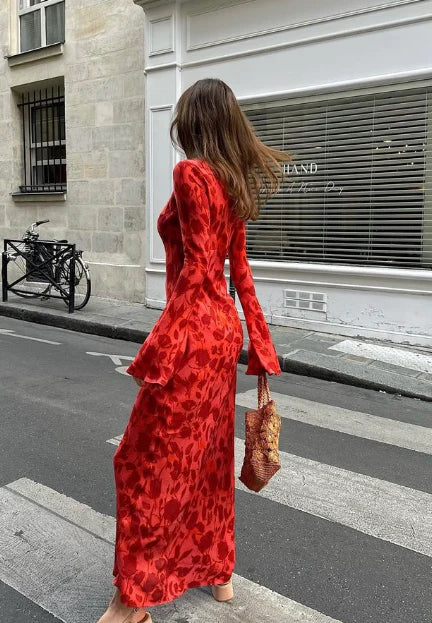 Hire REALISATION PAR The Gia Long Sleeve Maxi Dress in Havana Red TheOnlyDress Hire