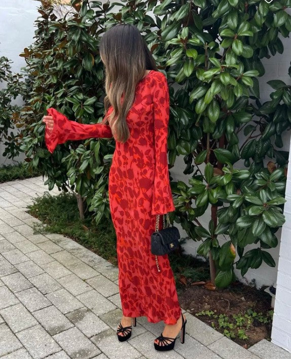 Hire REALISATION PAR The Gia Long Sleeve Maxi Dress in Havana Red