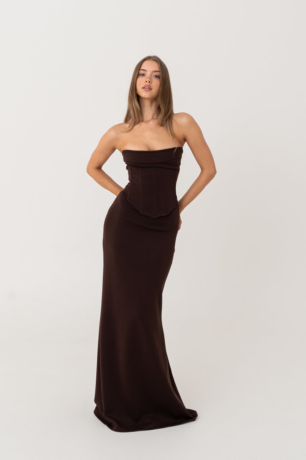 Hire HNTR Louie Gown in Brown 2 Piece Set Corset and Maxi Skirt