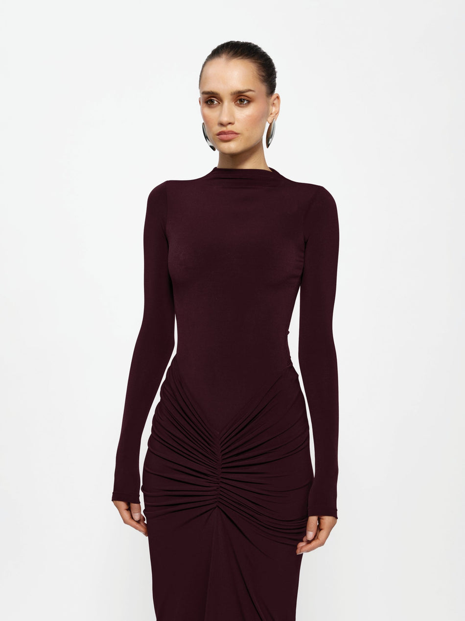 Hire EFFIE KATS Kayson Tia Set Bodysuit and Maxi Skirt in Black Cherry