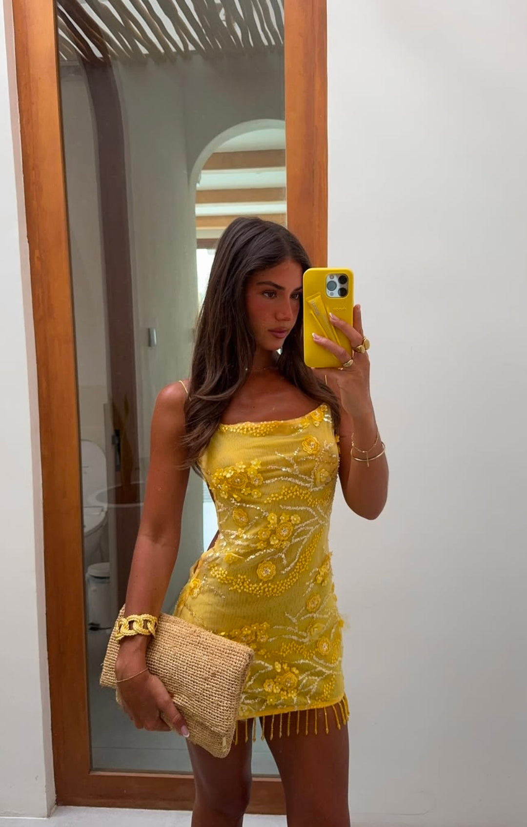 Hire JADED LONDON Ellora Embellished Beaded Mesh Mirage Mini Dress in Solar Yellow