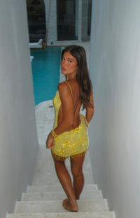 Hire JADED LONDON Ellora Embellished Beaded Mesh Mirage Mini Dress in Solar Yellow