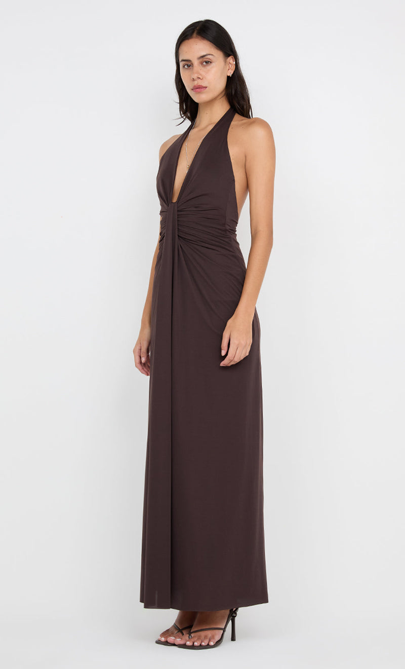 Hire BEC+BRIDGE Tillie Drape Maxi Dress in Dark Chocolate Brown