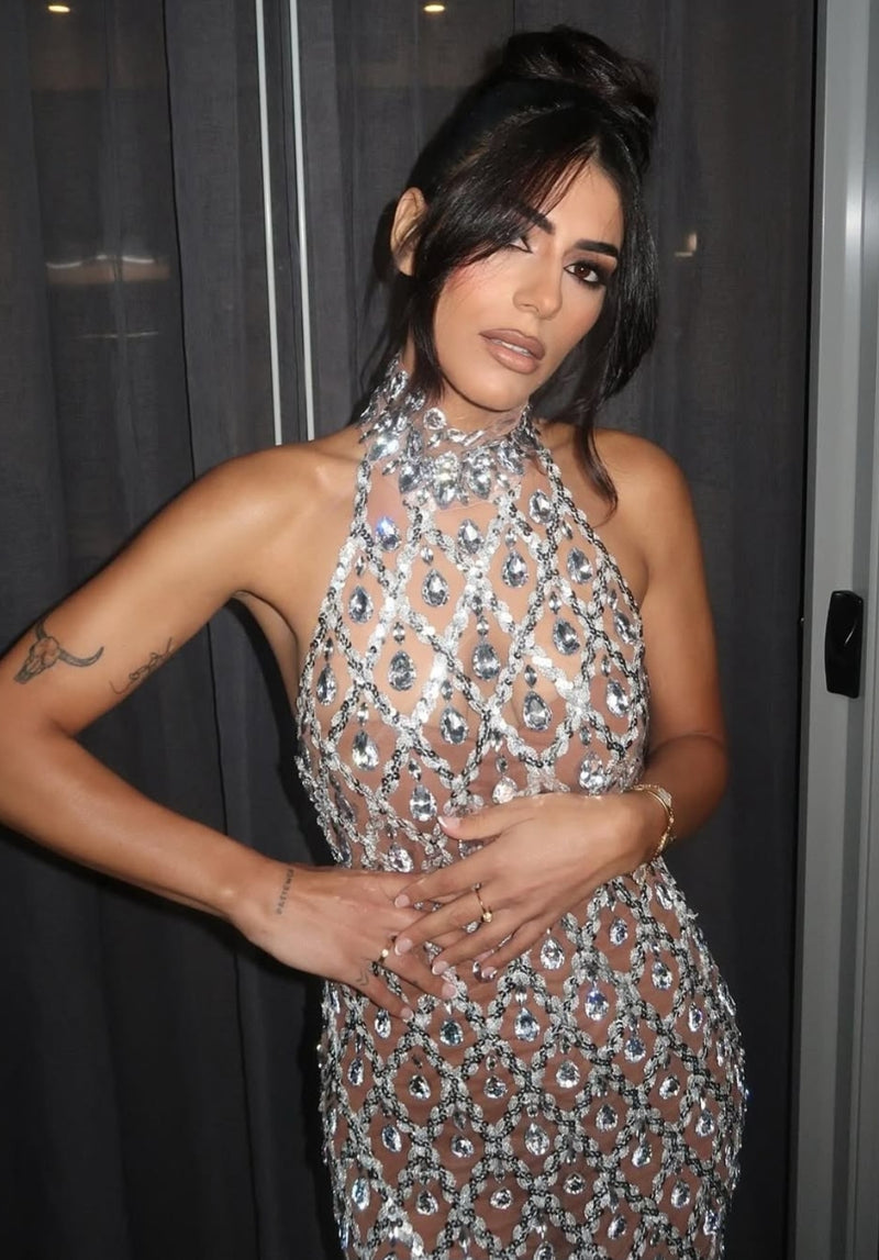 Hire MEW MEWS Liora Sequin Crystal Maxi Dress In Light Nude