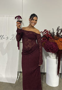 Hire DECONDUARTE Guilietta Lace Maxi Dress in Shiraz Red