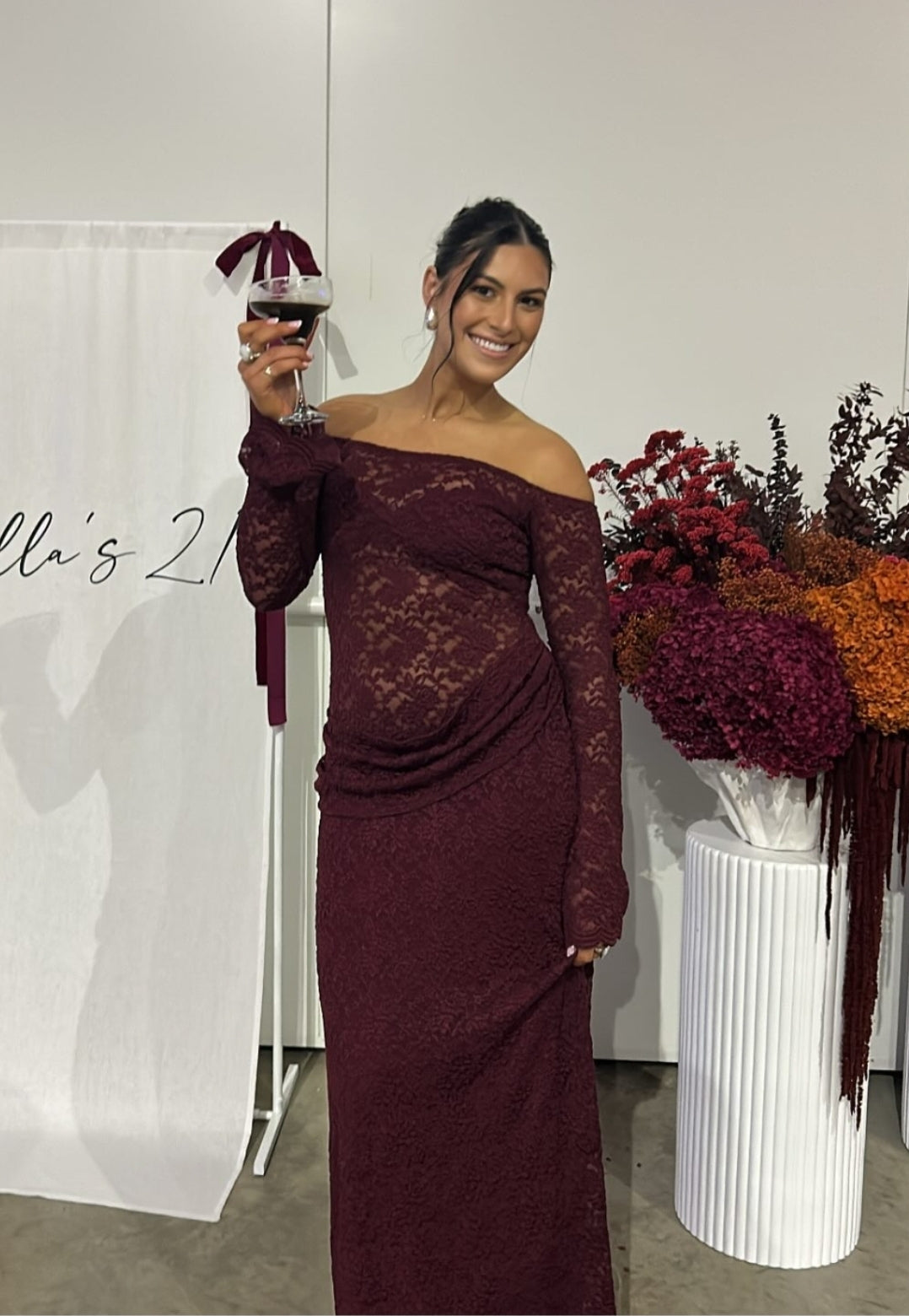 Hire DECONDUARTE Guilietta Lace Maxi Dress in Shiraz Red