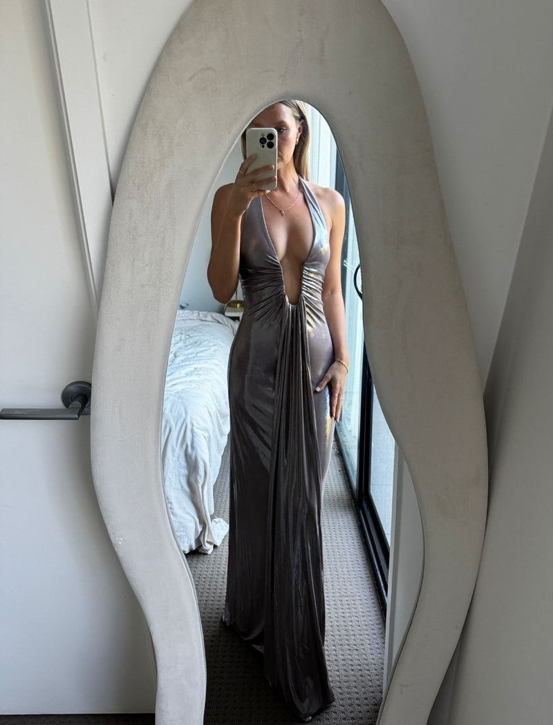 Hire MISHA Jennifer Cupro Maxi Dress in Foil Jersey Cinder