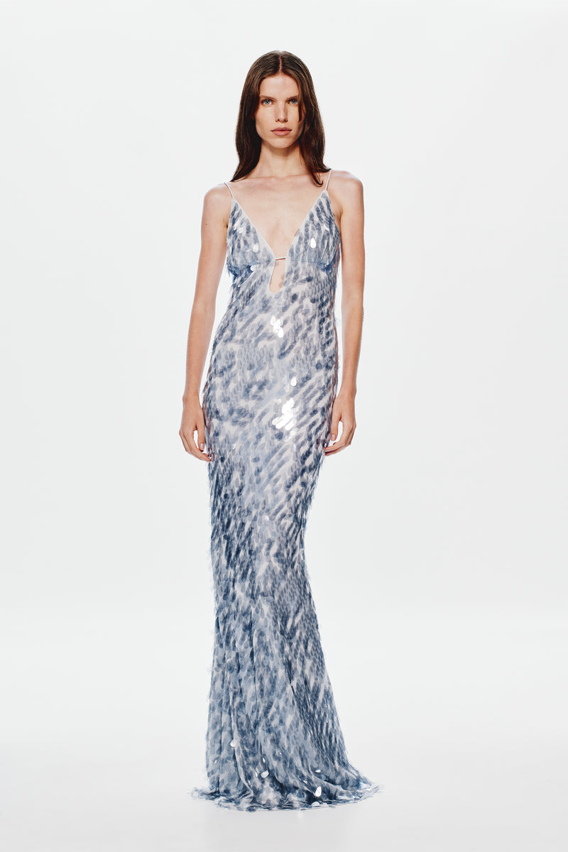 Hire MISHA Sapphire Sequin Maxi Dress in Dove Grey