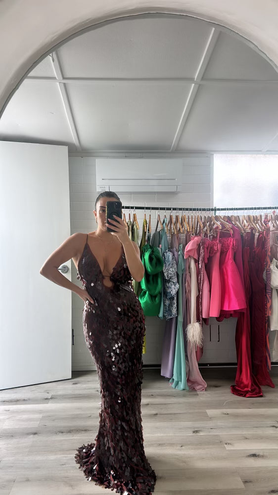 Hire MISHA Sapphire Sequin Maxi Dress in Fig Brown
