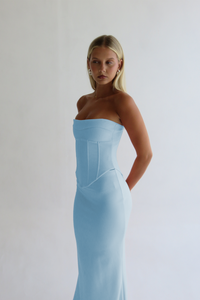 Hire HNTR Louie Gown in Baby Blue 2 Piece Set Corset and Maxi Skirt