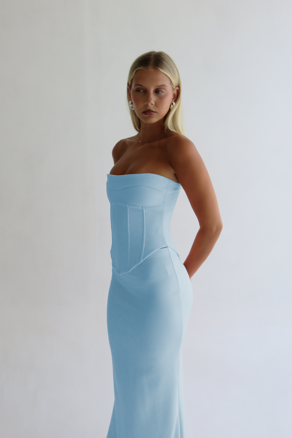 Hire HNTR Louie Gown in Baby Blue 2 Piece Set Corset and Maxi Skirt