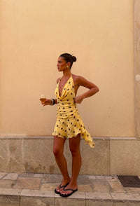 Hire BENNI Harlow Halter Mini Dress in Butter Spot Polka Dot