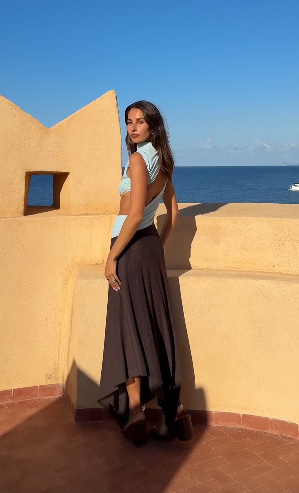 Hire BEC+BRIDGE Conni Asym Midi Dress in Arctic Blue/ Dark Chocolate Brown