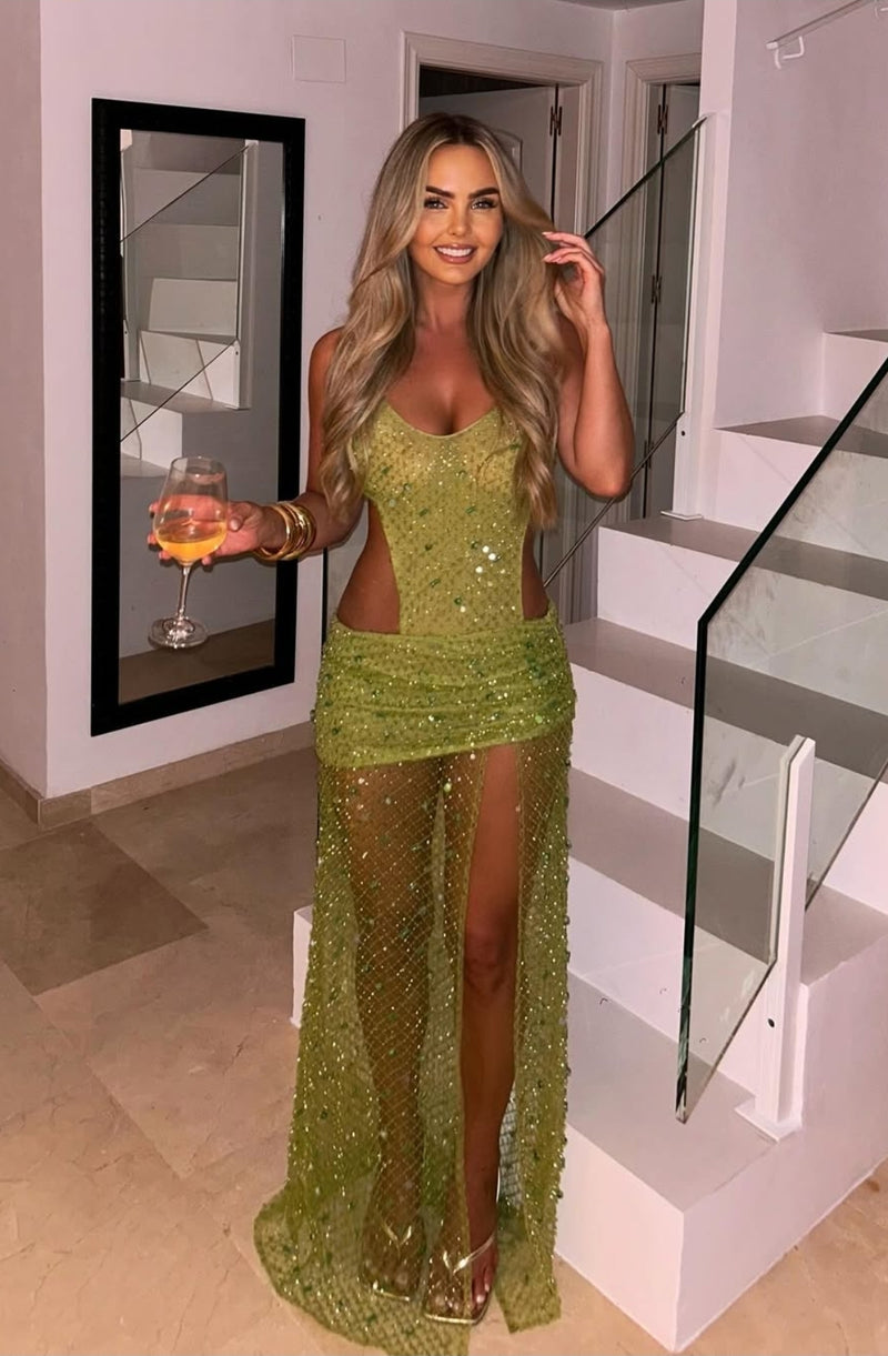 Hire JADED LONDON Stellar Asymmetric Hand Beaded Maxi Dress in Lime Green