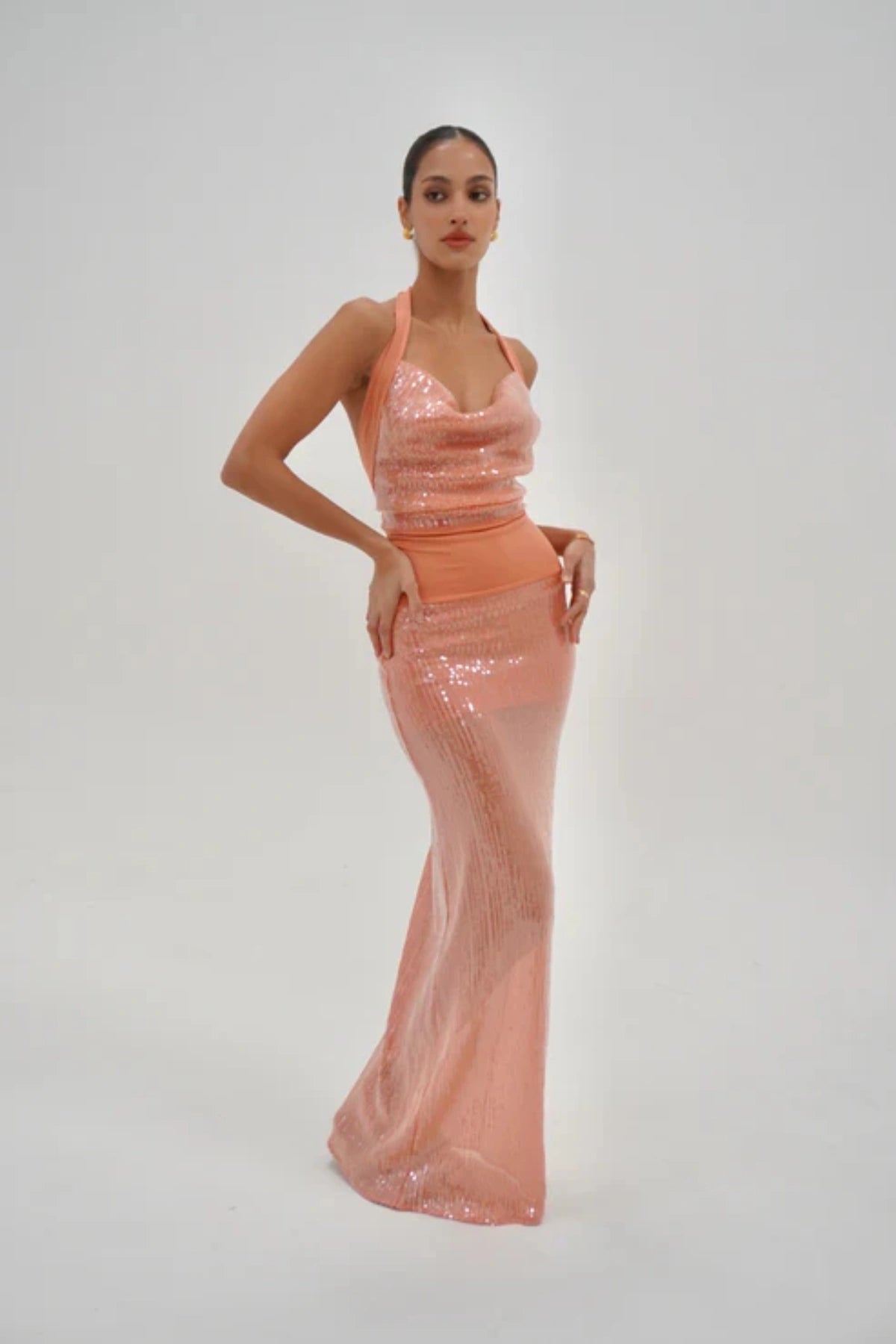 Hire DECONDUARTE Lilou Sequin Maxi Dress in Coral
