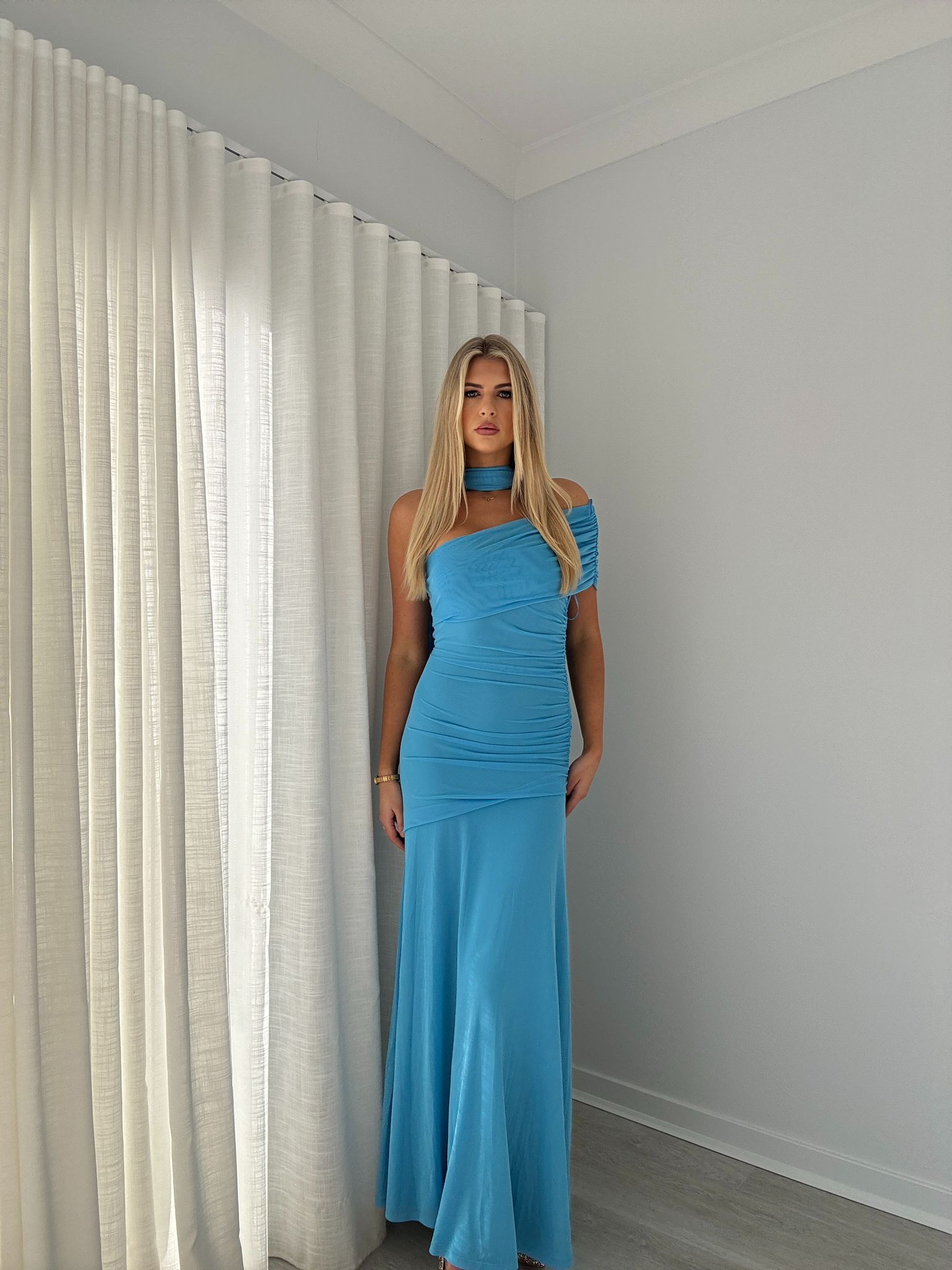 Hire BY NICOLA Fiesta Off Shoulder Dress in Bleu Blue
