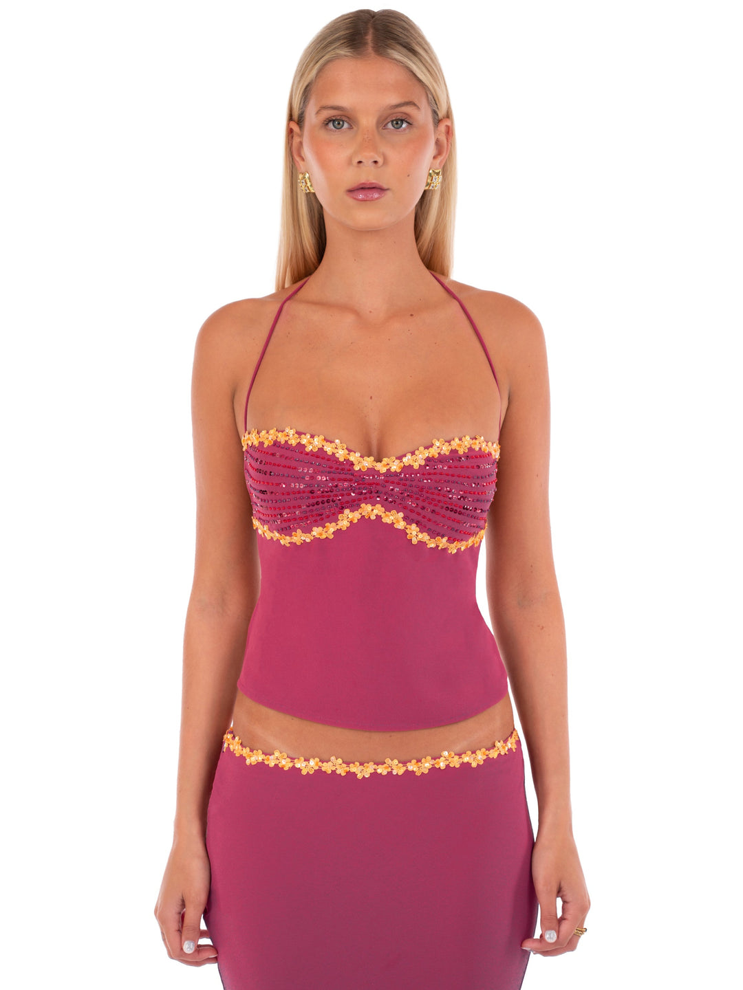 Hire I AM DELILAH. Jemima SET Maxi Skirt and Halter Top in Wine Red
