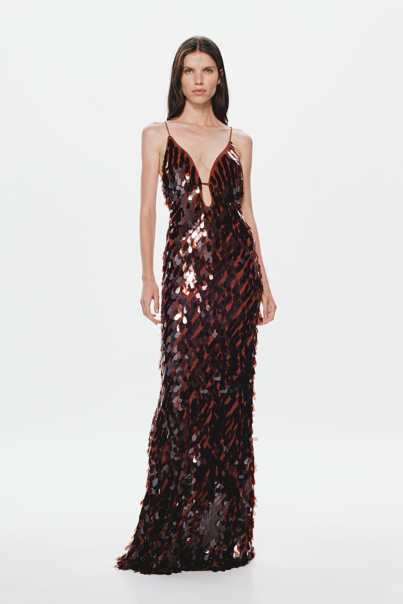 Hire MISHA Sapphire Sequin Maxi Dress in Fig Brown