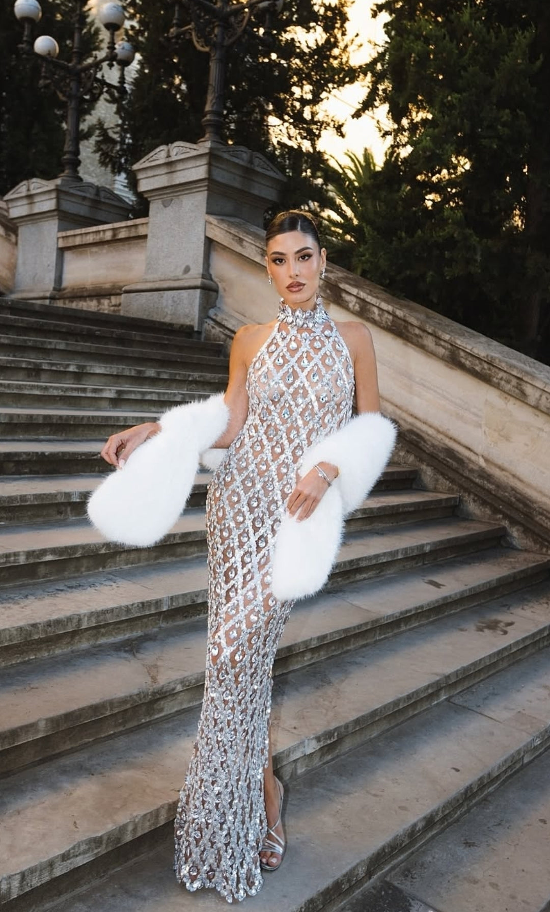 Hire MEW MEWS Liora Sequin Crystal Maxi Dress In Light Nude