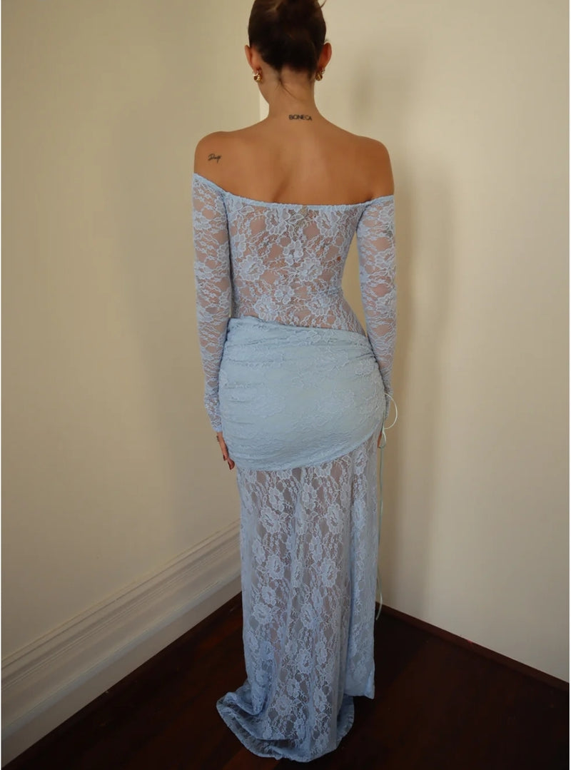Hire DECONDUARTE Christiana Lace Maxi Dress in Powder Blue