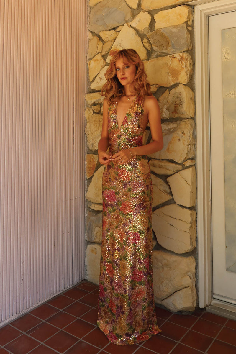 Hire FAIT PAR FOUTCH Liana Dress in Fleur Sequin Gold