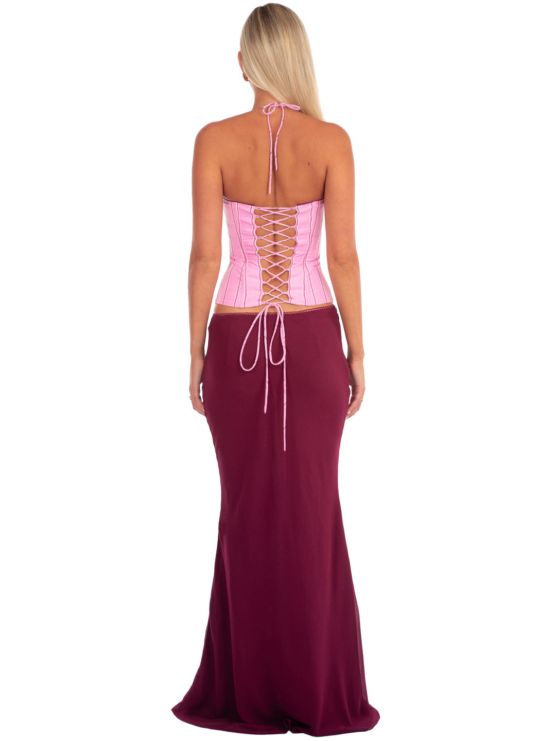 Hire I AM DELILAH. Angelina SET Maxi Skirt and Corset Top in Sangria Pink