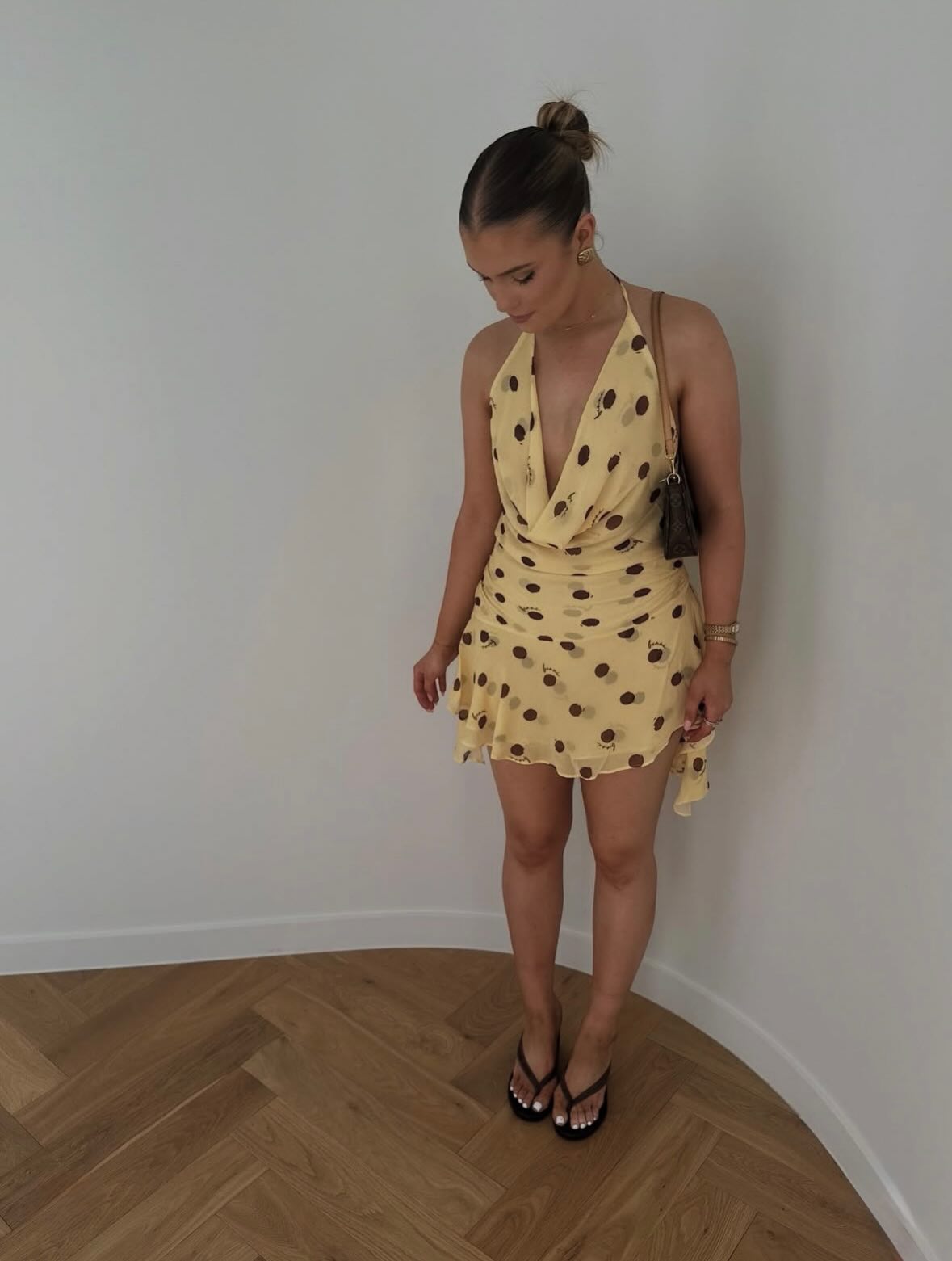 Hire BENNI Harlow Halter Mini Dress in Butter Spot Polka Dot
