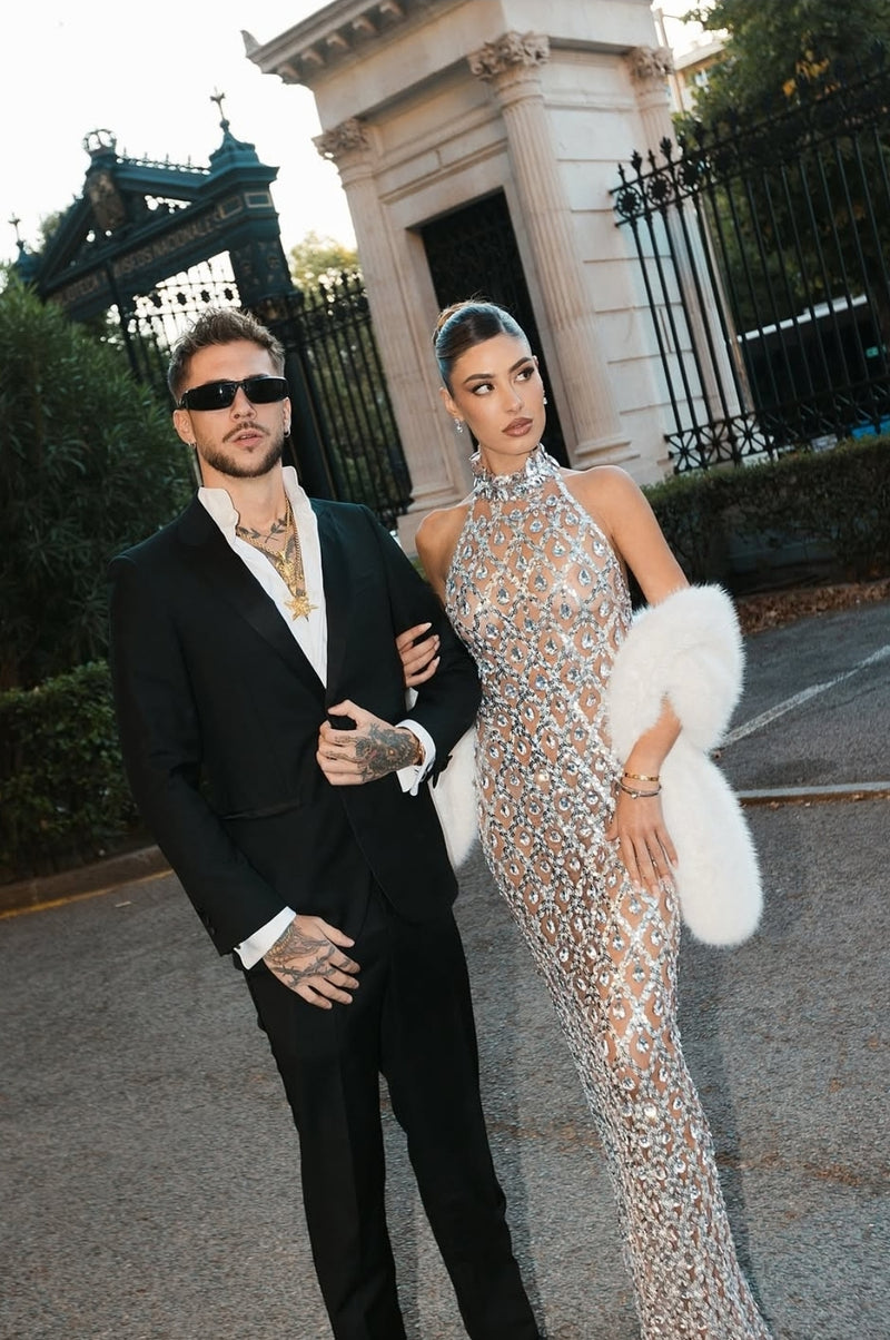 Hire MEW MEWS Liora Sequin Crystal Maxi Dress In Light Nude