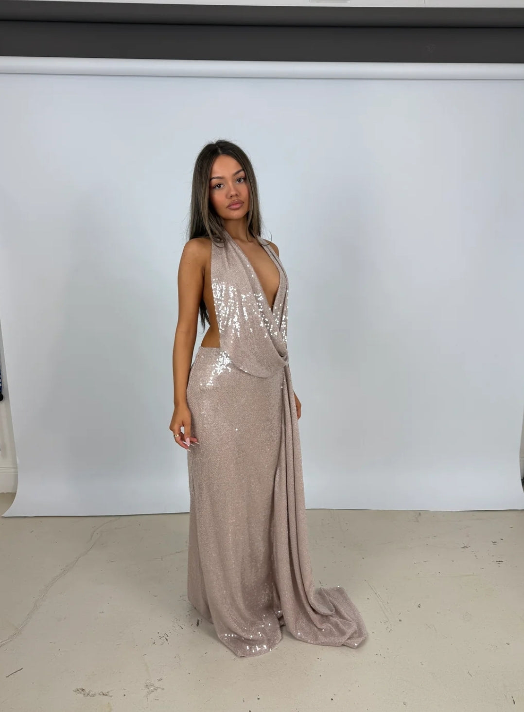 Hire CALIA COLLECTION Leila Sequin Maxi Dress in Silver