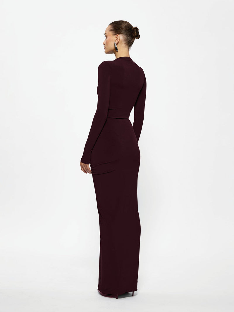 Hire EFFIE KATS Kayson Tia Set Bodysuit and Maxi Skirt in Black Cherry