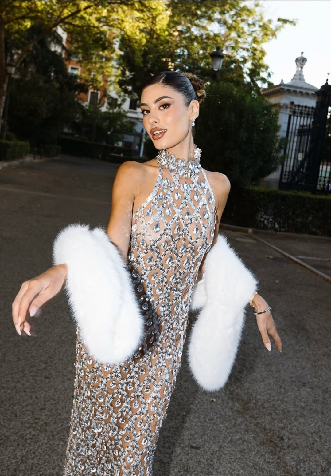 Hire MEW MEWS Liora Sequin Crystal Maxi Dress In Light Nude