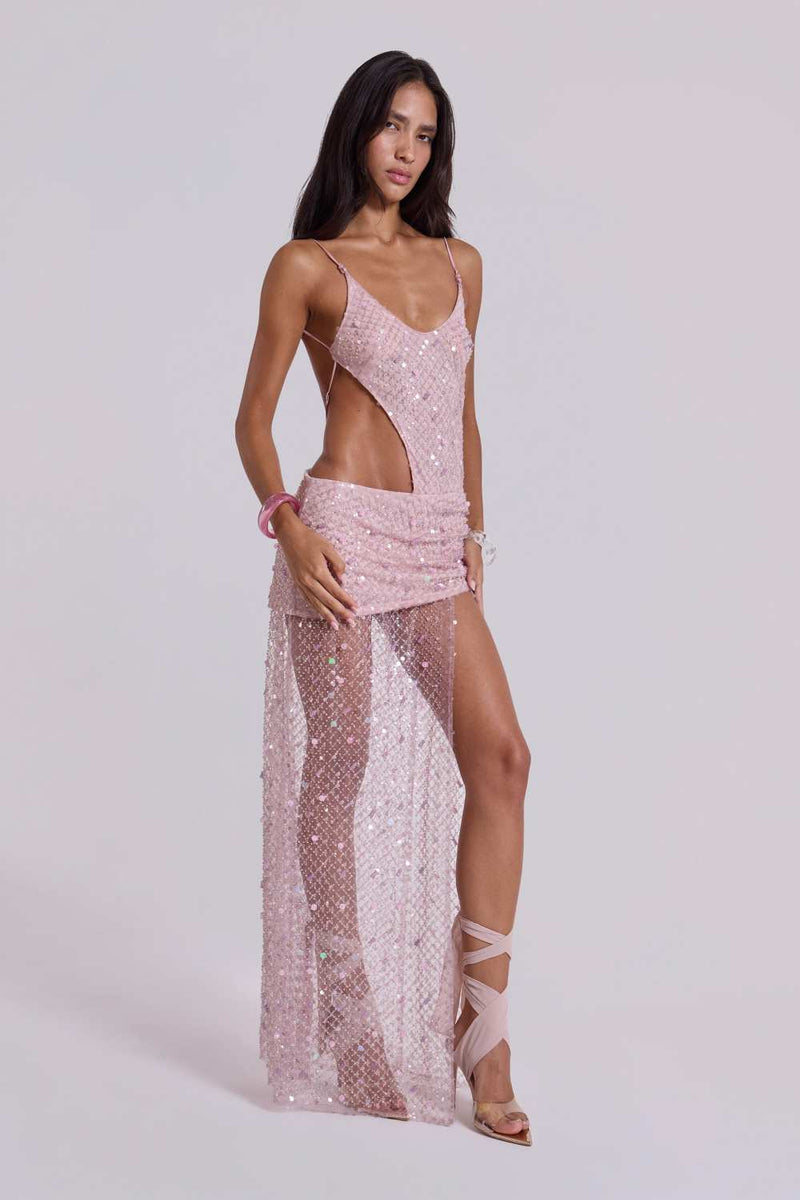 Hire JADED LONDON Stellar Asymmetric Hand Beaded Maxi Dress in Pink