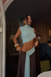 Hire BEC+BRIDGE Conni Asym Midi Dress in Arctic Blue/ Dark Chocolate Brown