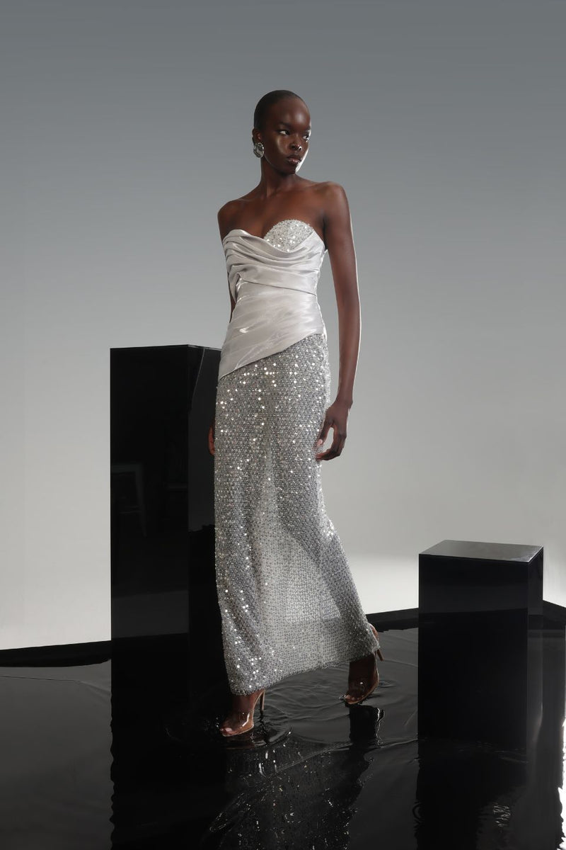 Hire ELIYA THE LABEL Gia Gown in Silver Sequin