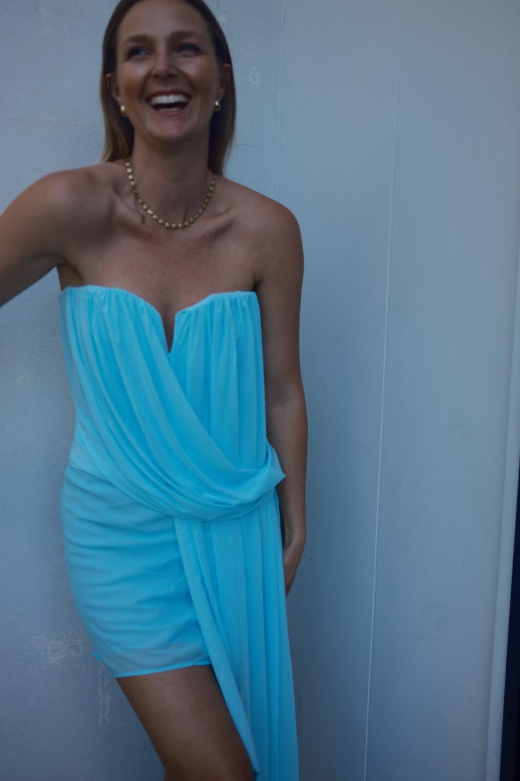 Hire BEC+BRIDGE Danka Strapless Mini Dress in Turquoise Baby Blue