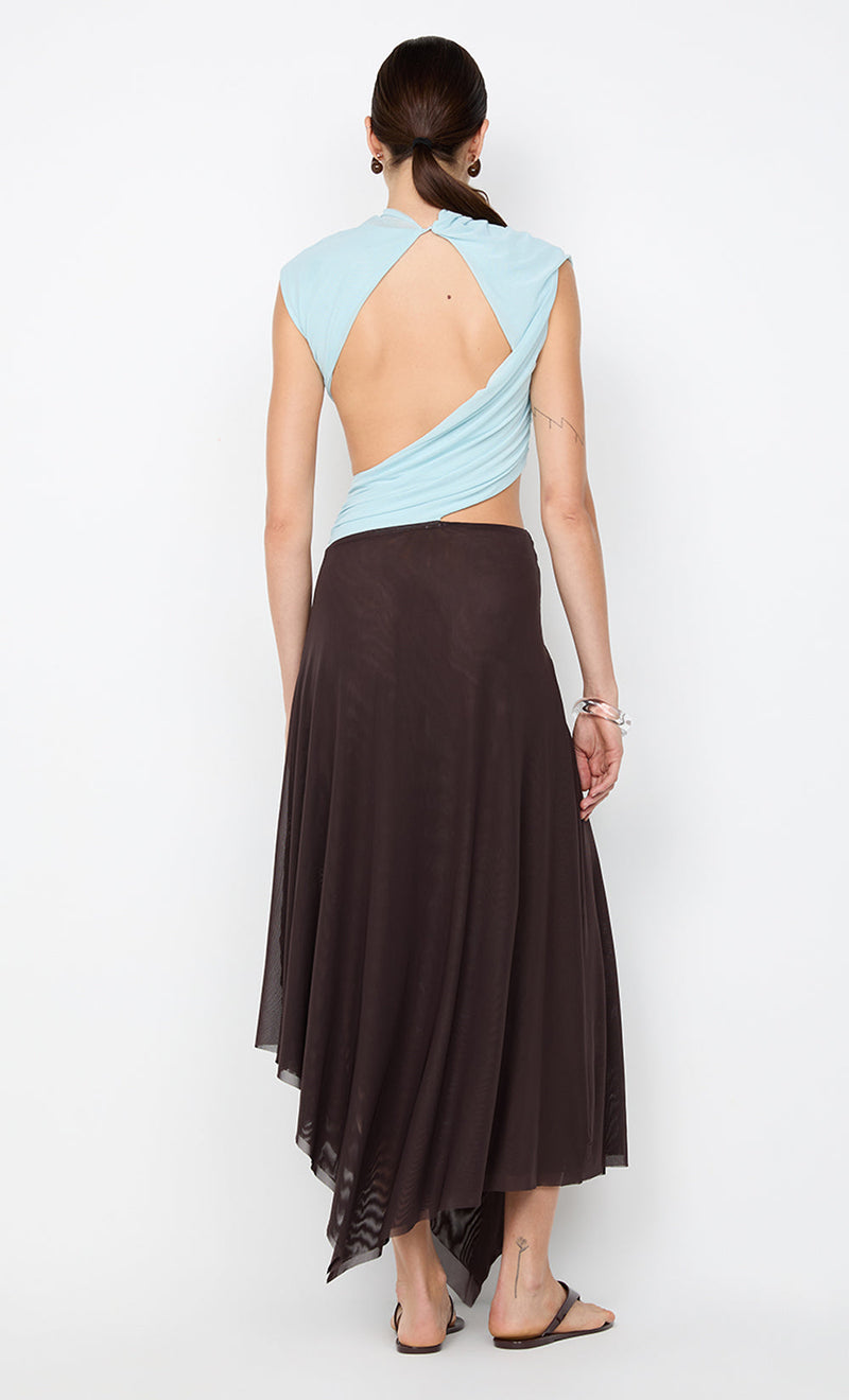 Hire BEC+BRIDGE Conni Asym Midi Dress in Arctic Blue/ Dark Chocolate Brown
